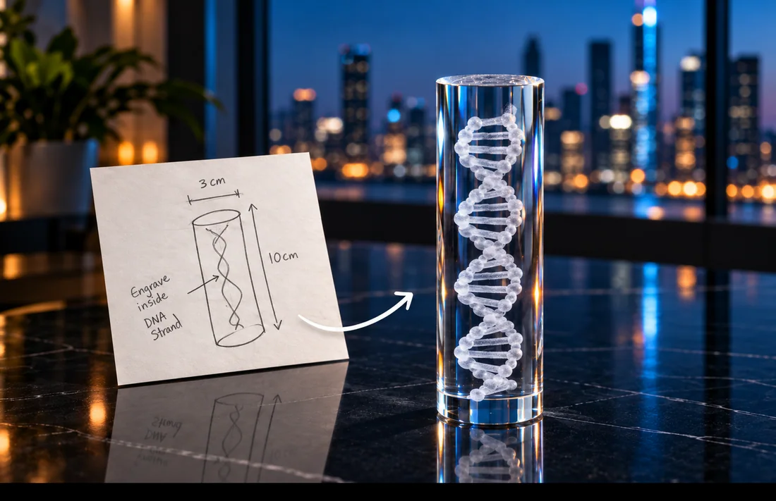 A custom-shaped JetCut3D crystal with 3D laser engraving inside