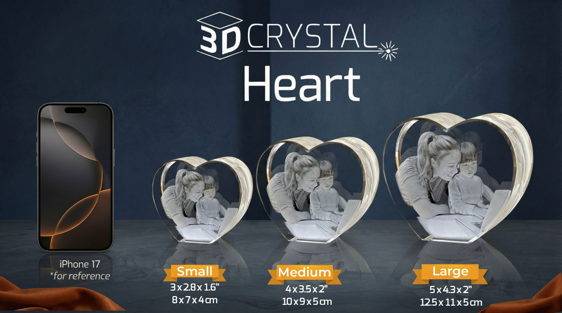 3D Crystal Heart Size Chart