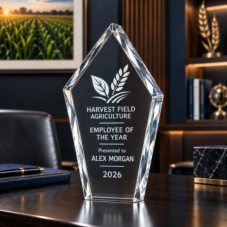 The finished crystal award standing on a desk